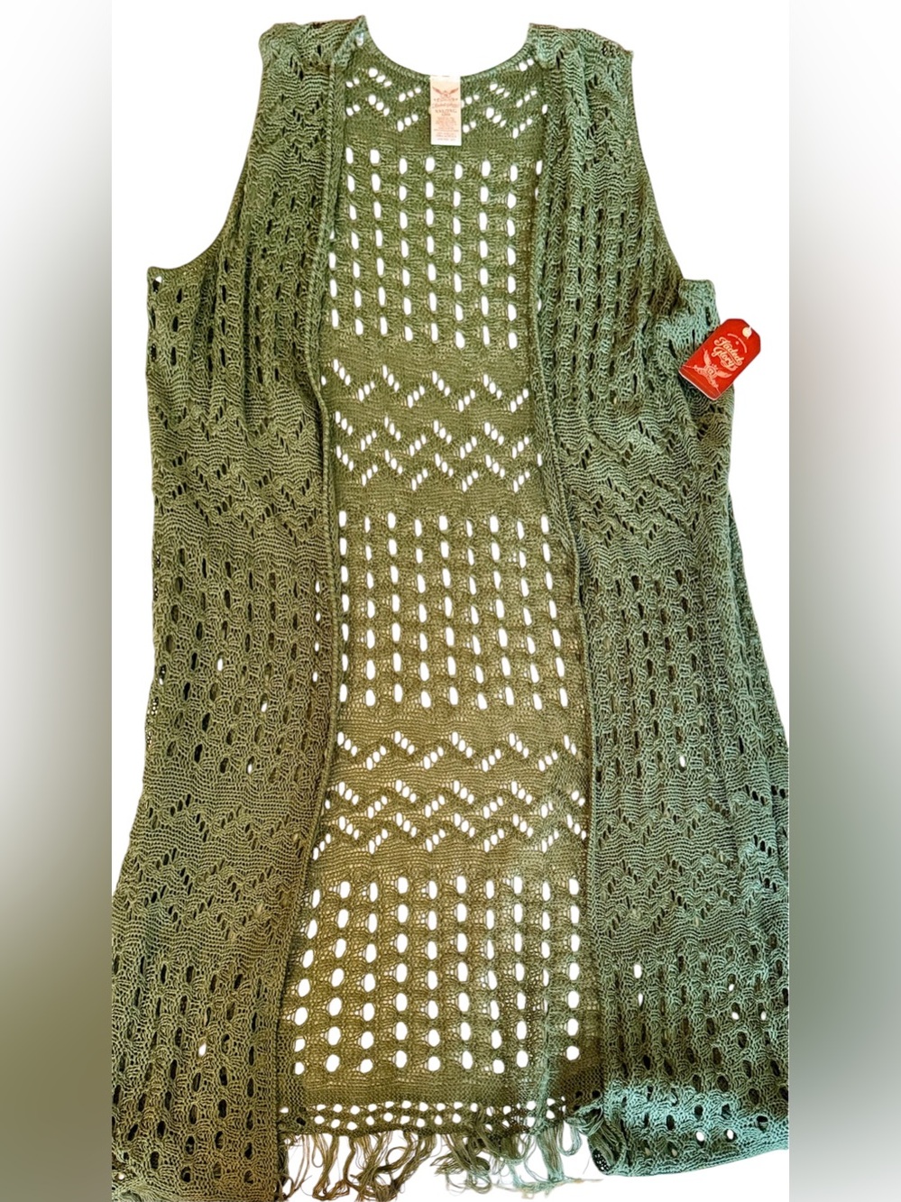 Faded Glory Open Knit Crochet Fringe Olive Green Duster Vest Size Women’s 2XL